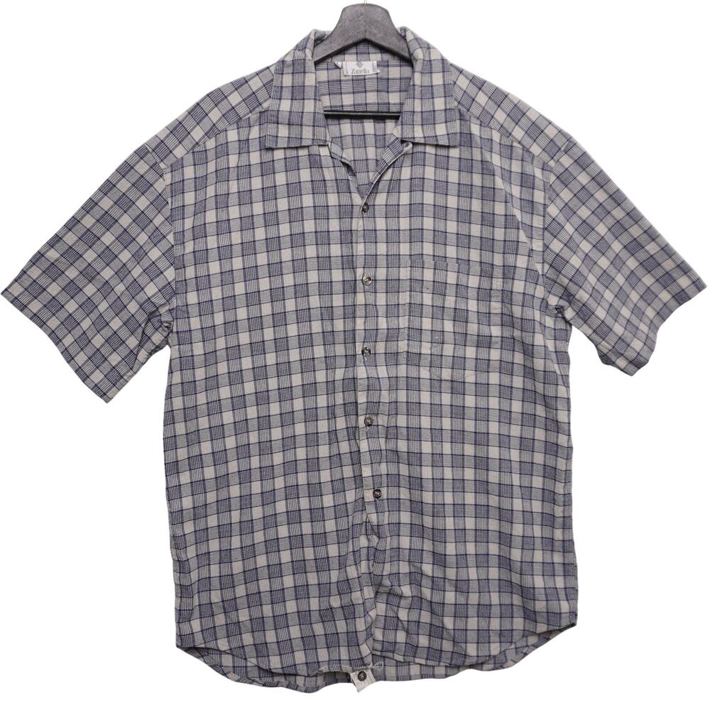 Zanella Plaid Short Sleeve Camp Collar Shirt Blue‎ Beige Made in Italy Men's Lrg